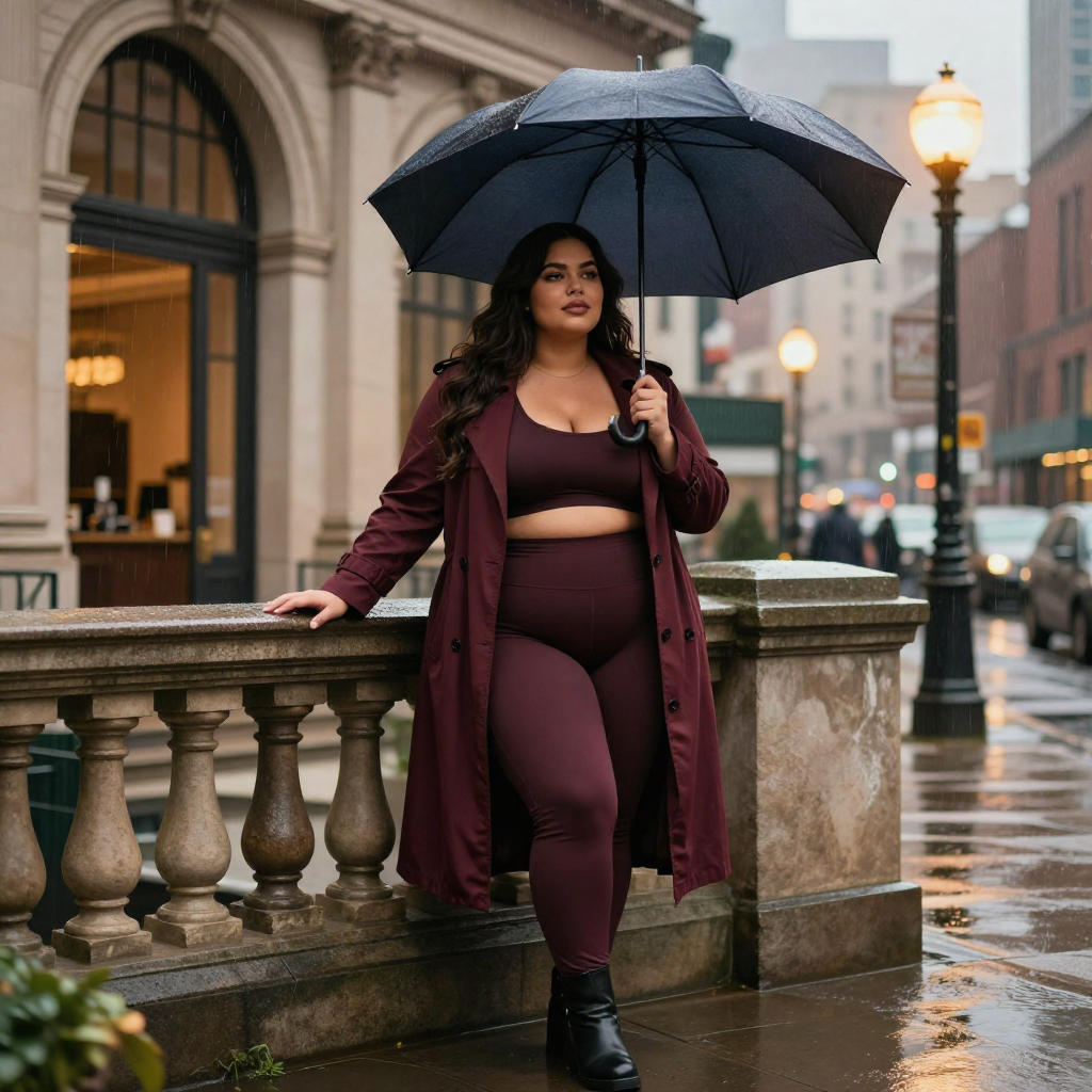Confident rainy-day city walk, fully covered outerwear