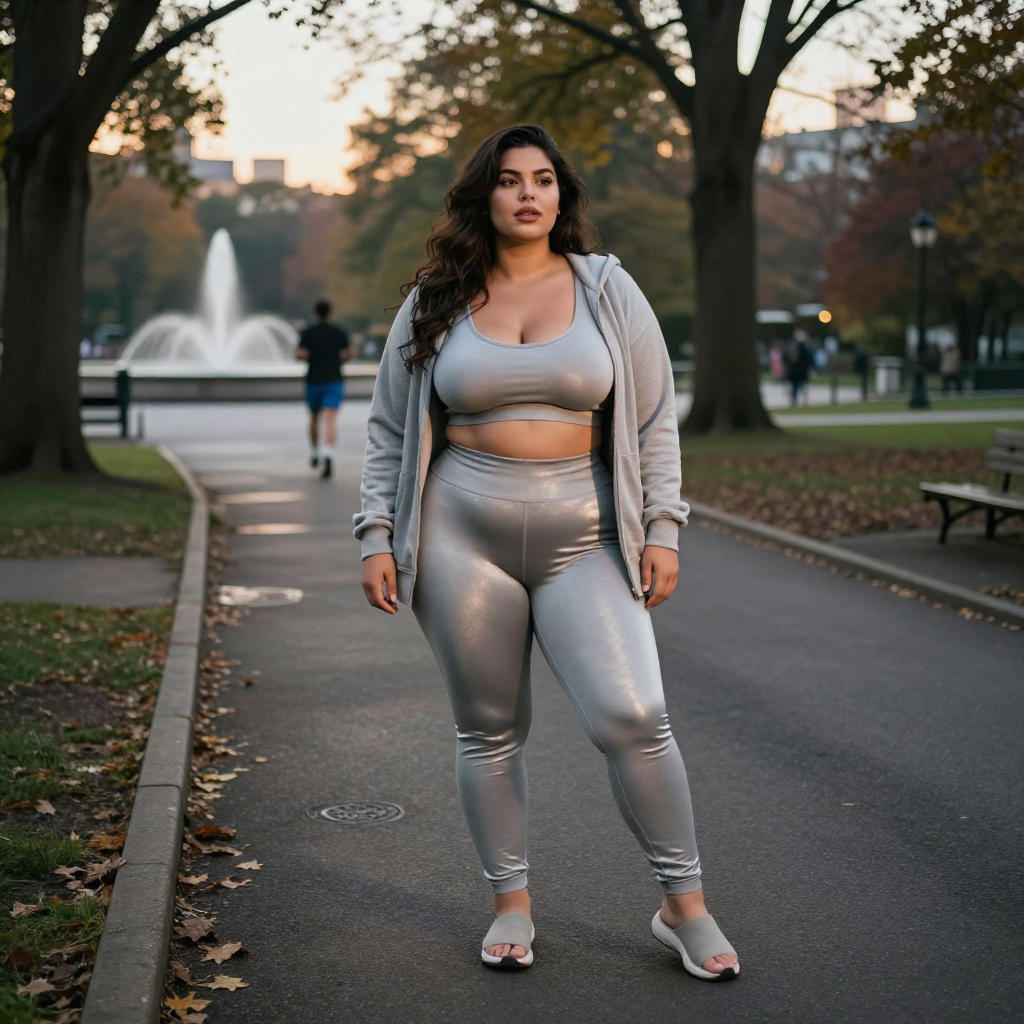 Gianna in size-inclusive activewear at a park at dusk, confident and grounded