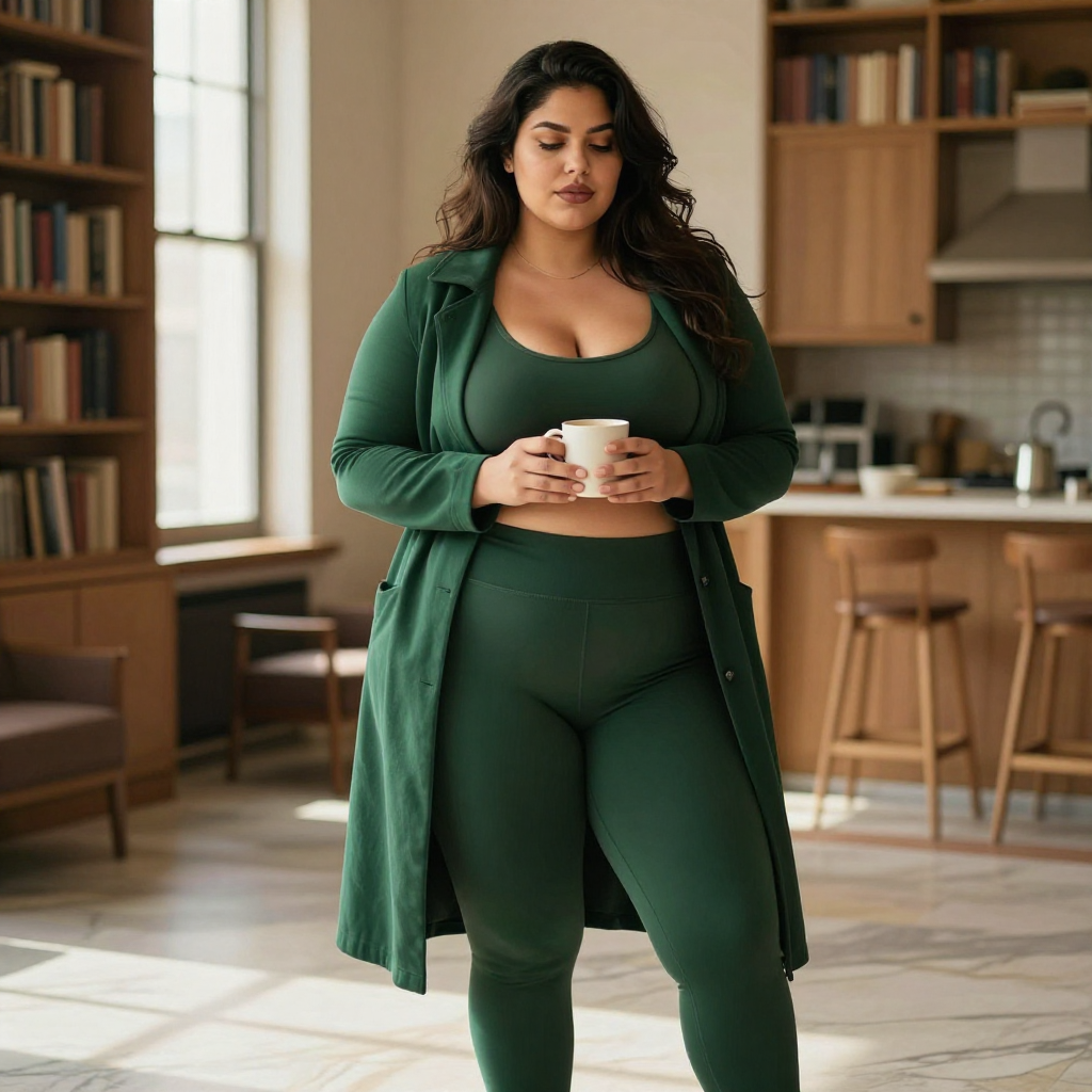 Gianna holding a coffee mug in her kitchen, size-inclusive activewear under an open cardigan